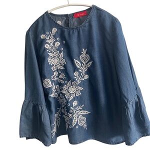 D.Moda blouse 3/4 sleeves in blue with white floral detail, Small